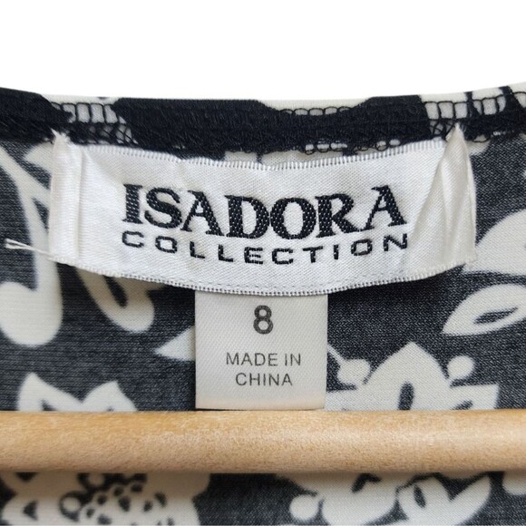 Isadora Dress Sz 8 Black White Paisley V Neck Jersey Knit Flare Midi Stretch - Picture 7 of 9